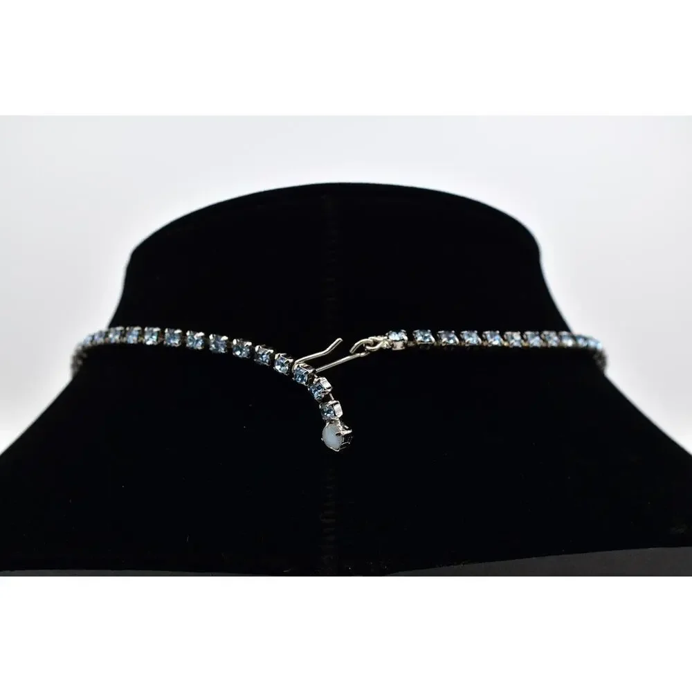 Vintage Crystal Collar Necklace Cabochon Blue Prong Rhinestone Silver 60s Bin3D